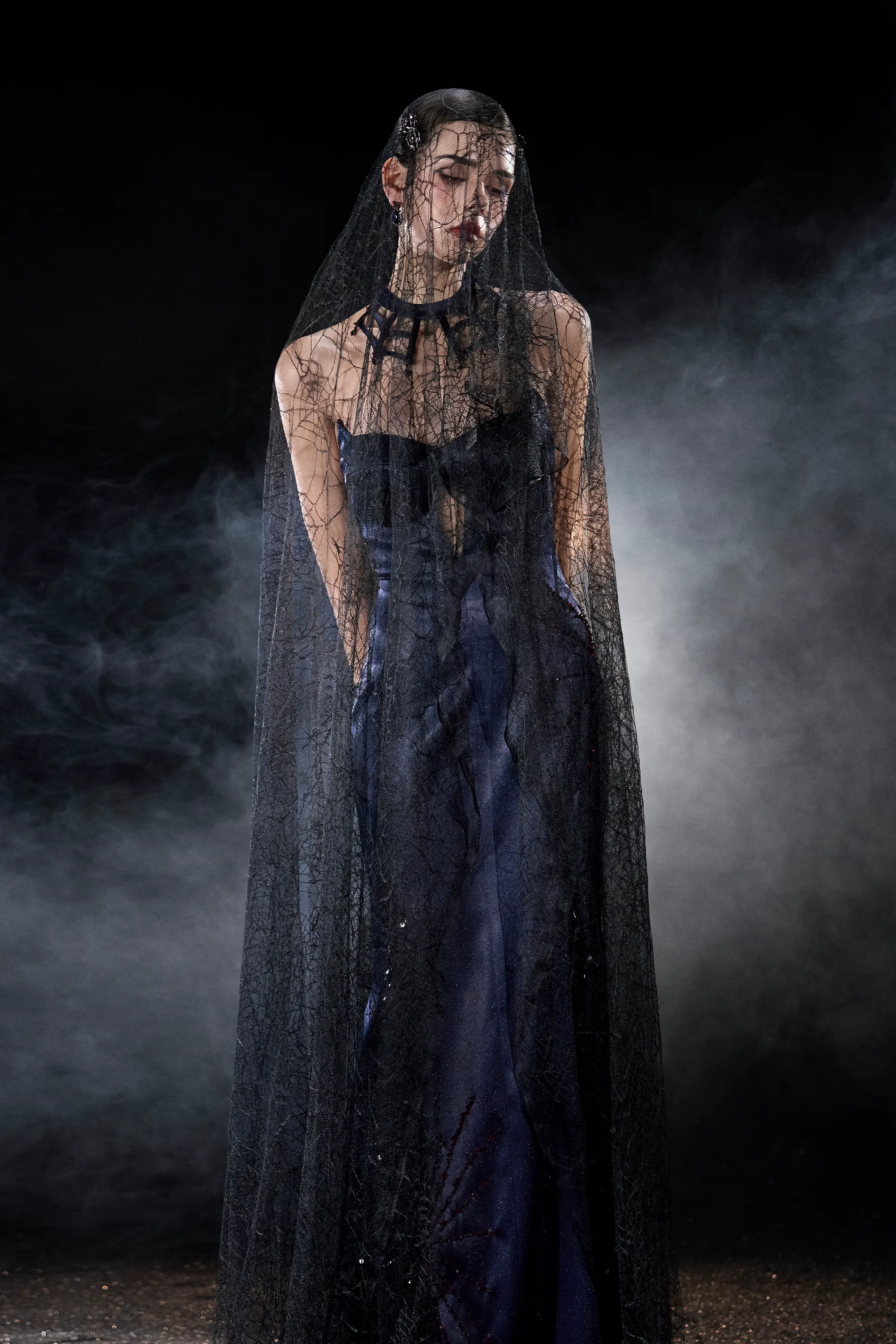 Haunted Silk Strapless Corset Maxi Dress With Black Spiderweb Veil sold by Kalisa product image thumbnail 3