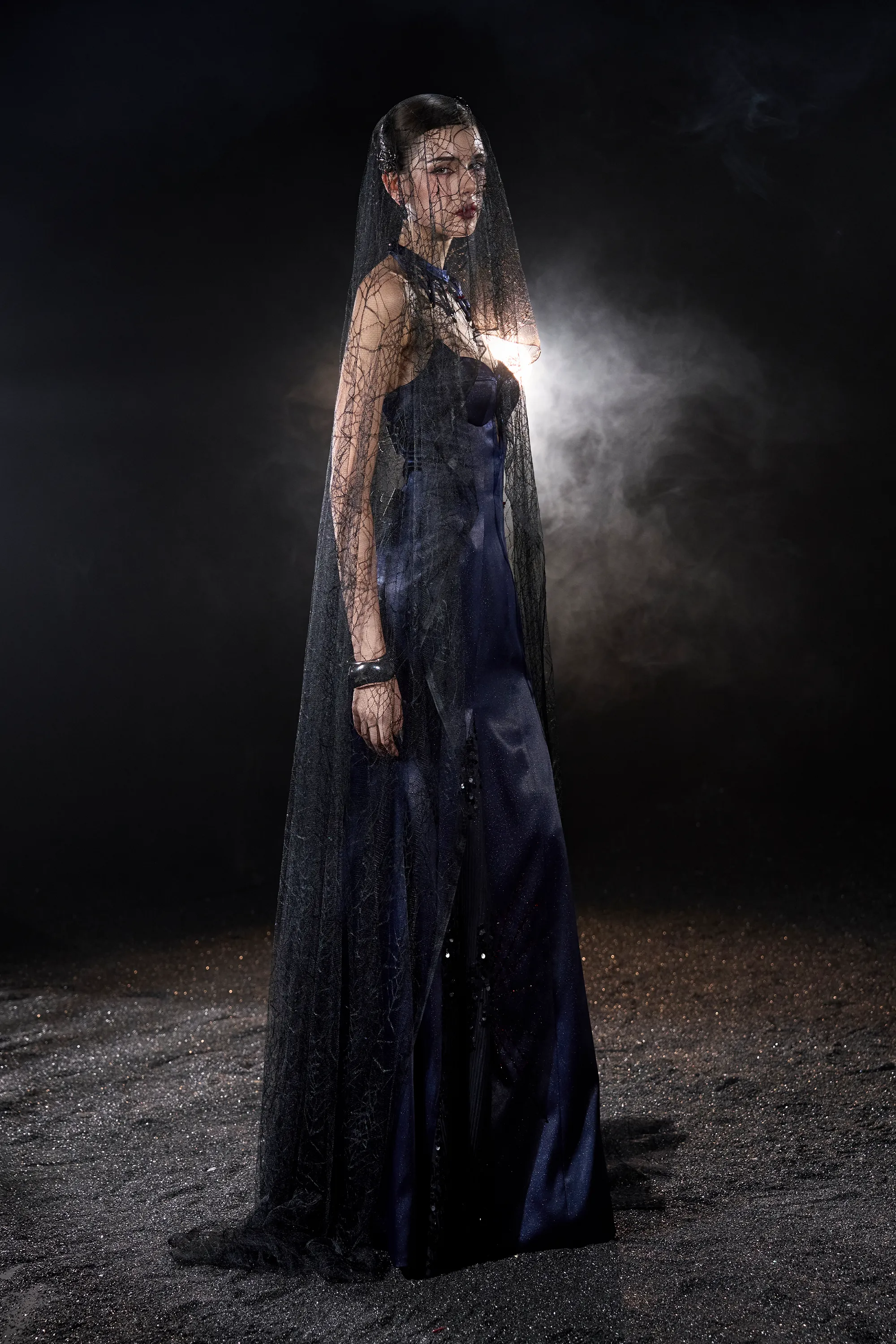 Haunted Silk Strapless Corset Maxi Dress With Black Spiderweb Veil sold by Kalisa product image thumbnail 5