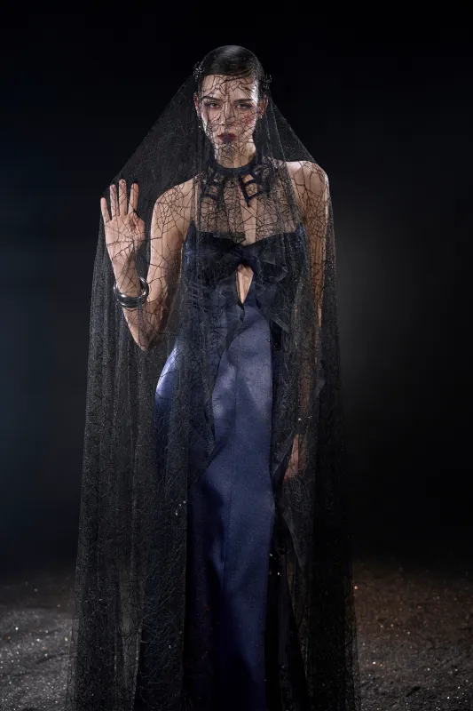 Haunted Silk Strapless Corset Maxi Dress With Black Spiderweb Veil sold by Kalisa