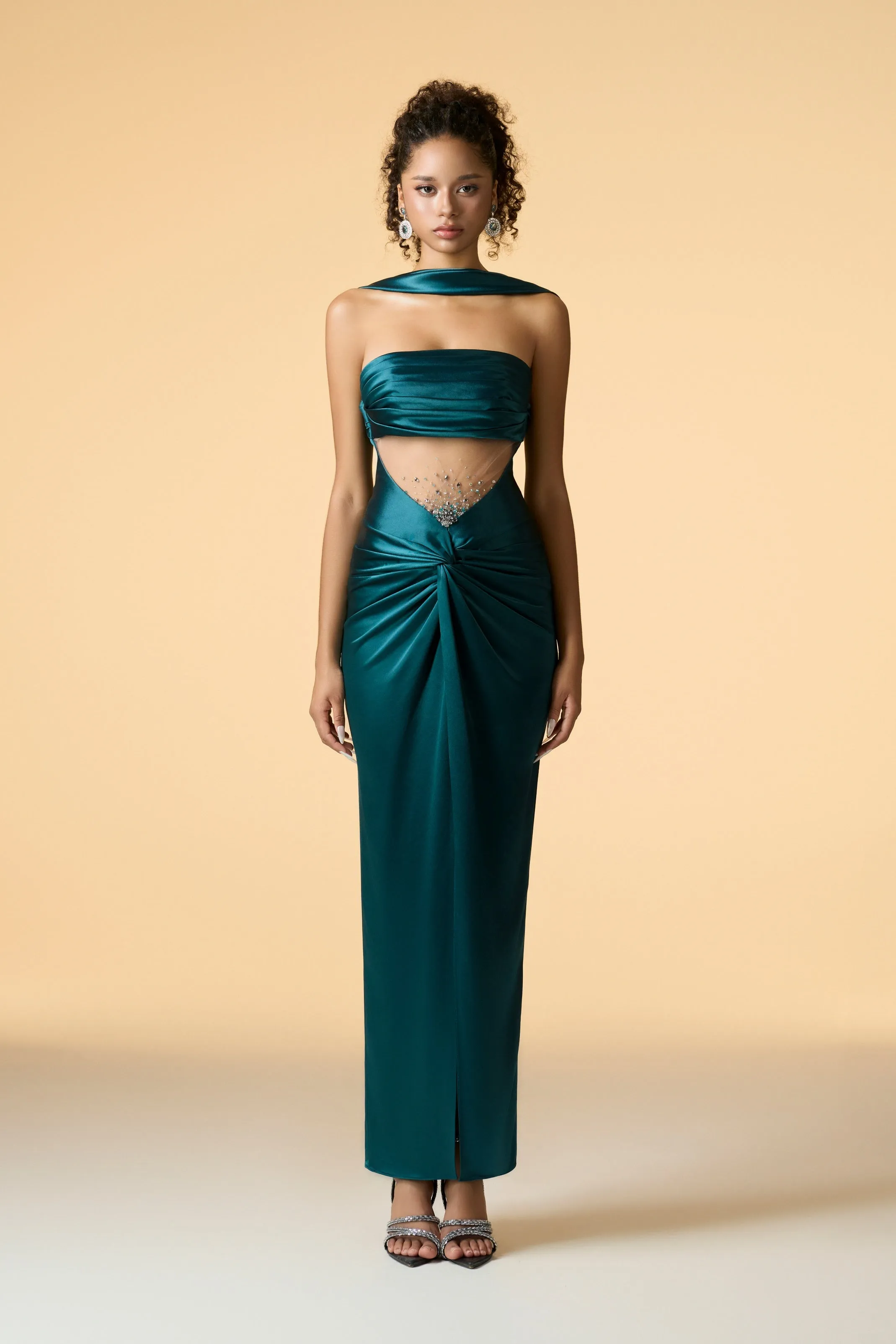 Twilight Drape Front Embellished Crystal Maxi Dress sold by Kalisa