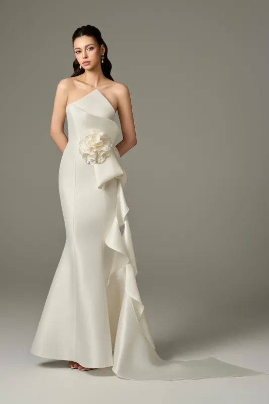 Isabella Acetate Bandeau Fishtail Gown With 3D Large Flower sold by Kalisa