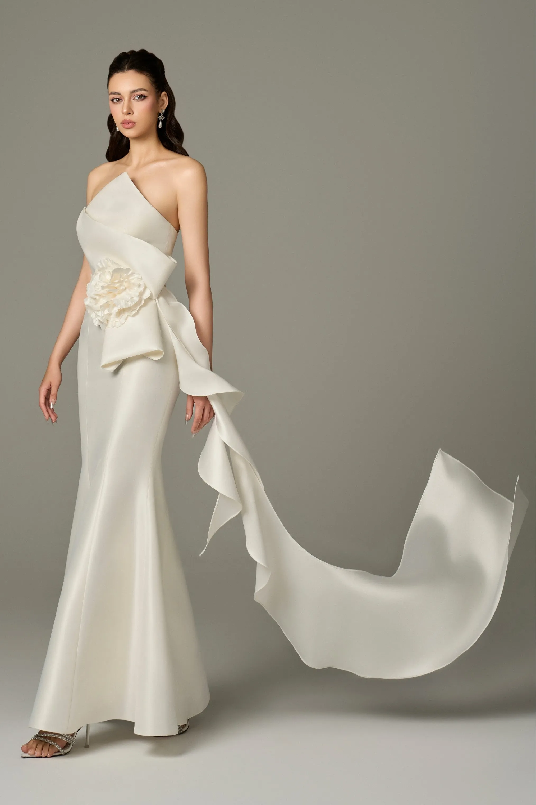 Isabella Acetate Bandeau Fishtail Gown With 3D Large Flower sold by Kalisa product image thumbnail 3