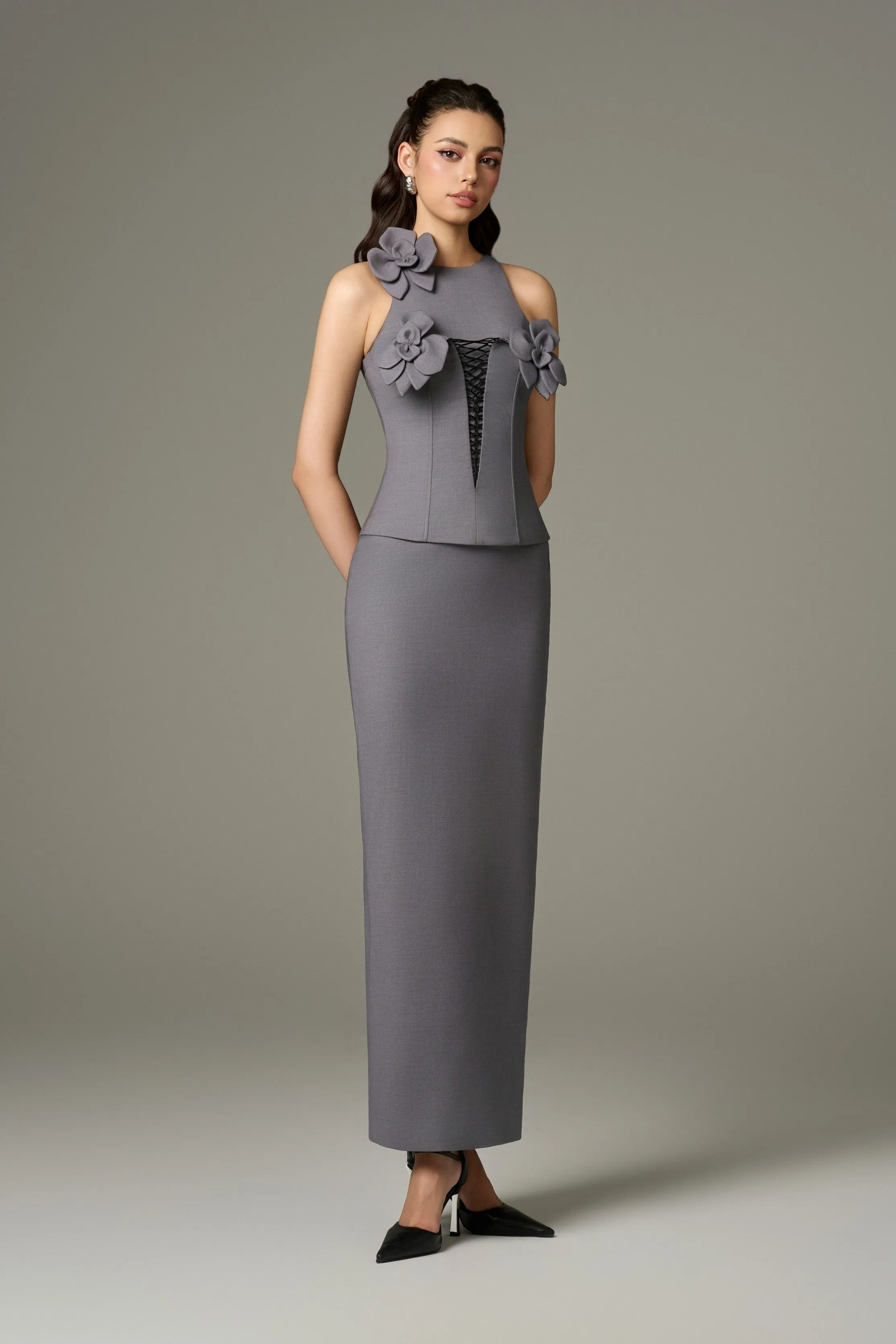 Contour Dual Style Halter Bodycon Orchid Embellished Maxi Dress sold by Kalisa product image thumbnail 4