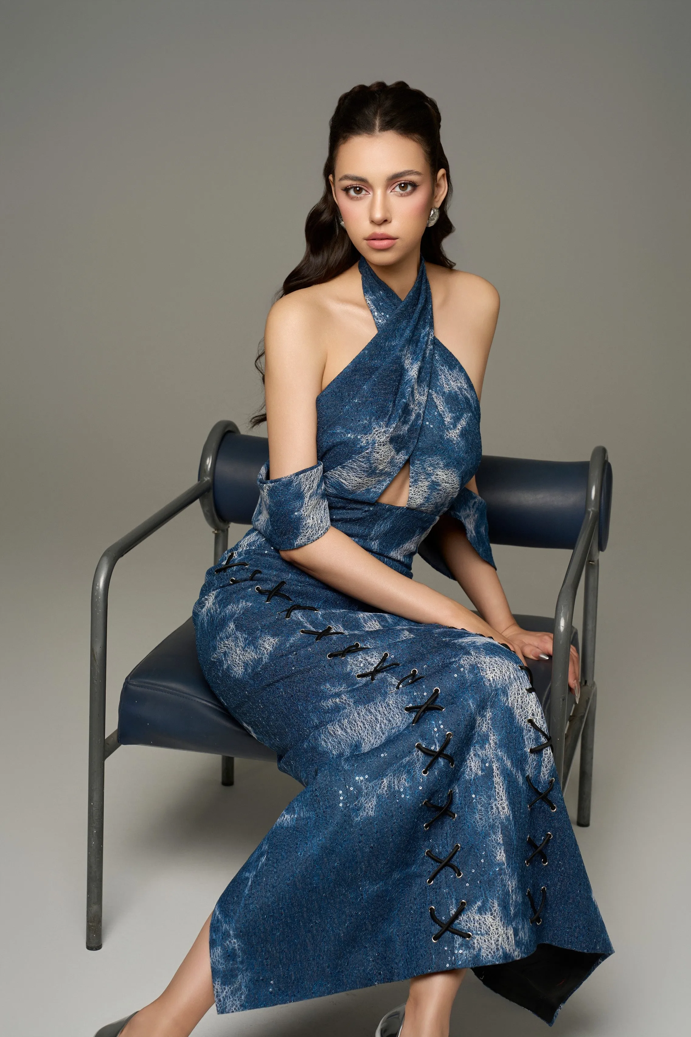 Chic Modest Cotton Denim Halter Tie-Dye Maxi Dress sold by Kalisa product image thumbnail 4