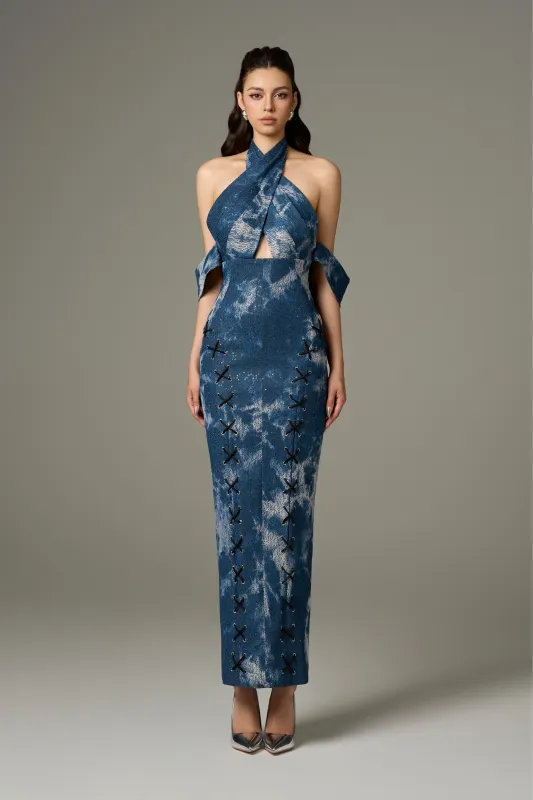 Chic Modest Cotton Denim Halter Tie-Dye Maxi Dress sold by Kalisa