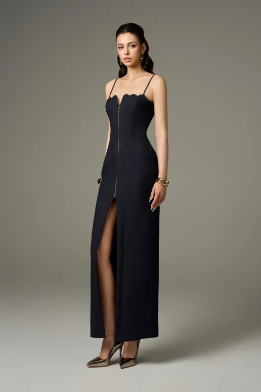 Cool-Girl Twill Denim Maxi Dress With Front Metal Zipper Bow Back sold by Kalisa