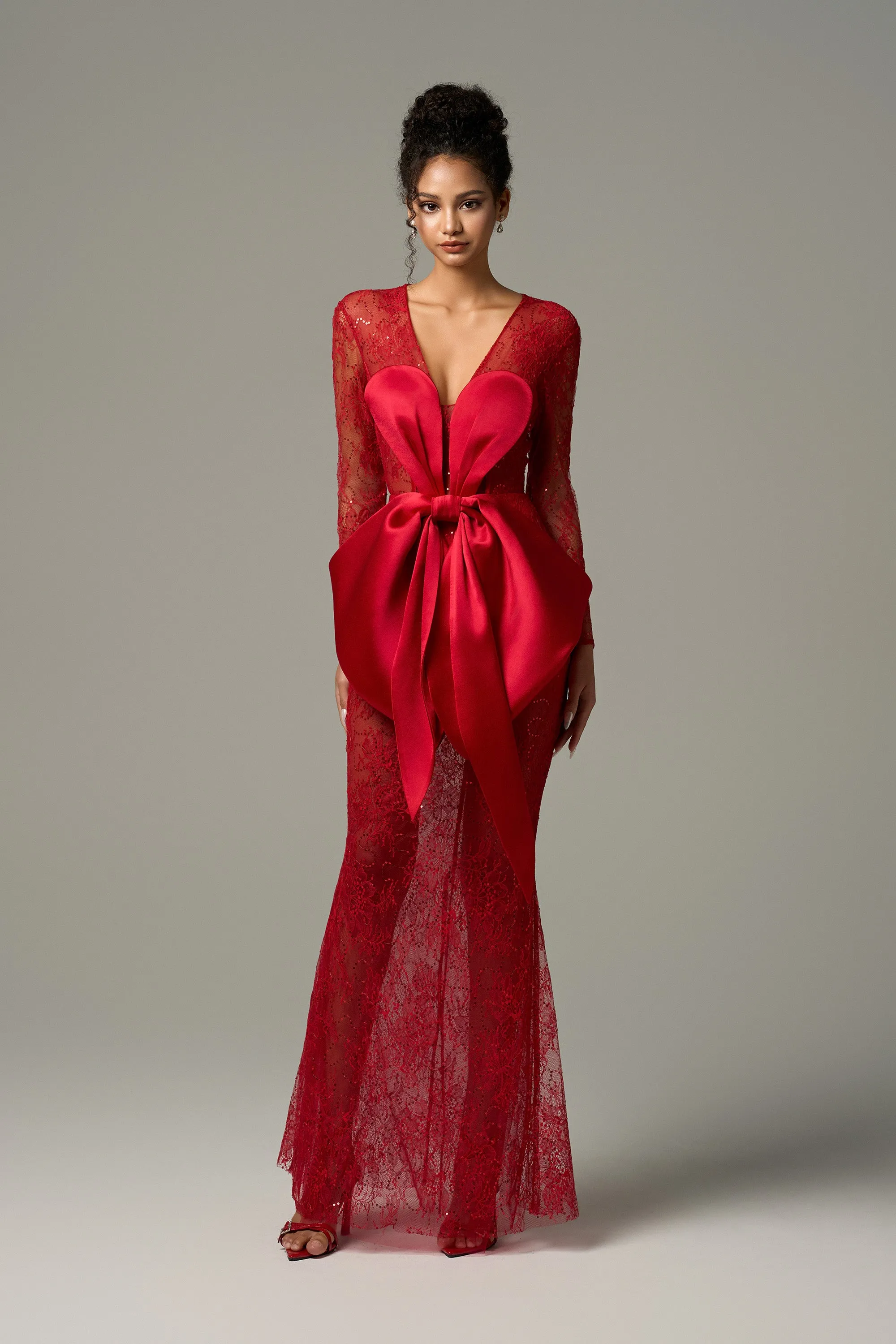 Lavinia Long Sleeve Lace Maxi Dress With Silk Oversized Bow Accent sold by Kalisa