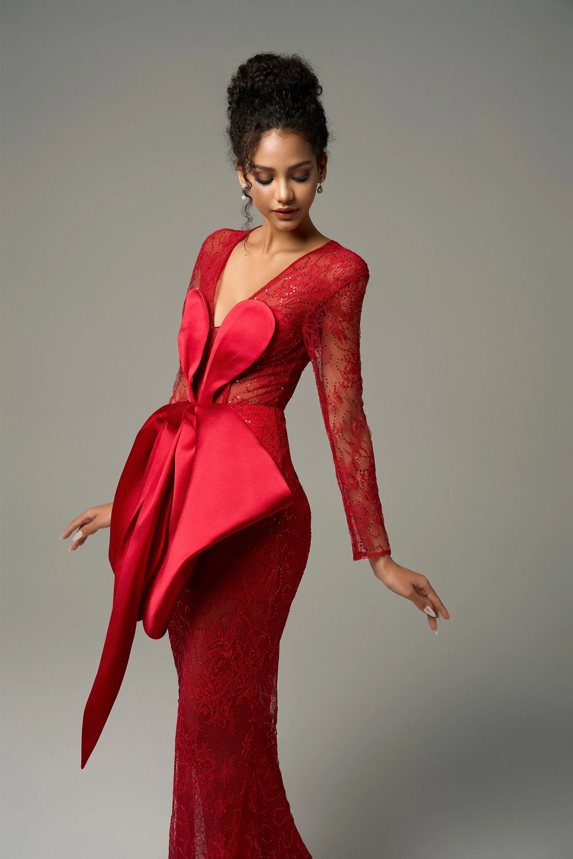 Lavinia Long Sleeve Lace Maxi Dress With Silk Oversized Bow Accent sold by Kalisa product image thumbnail 5