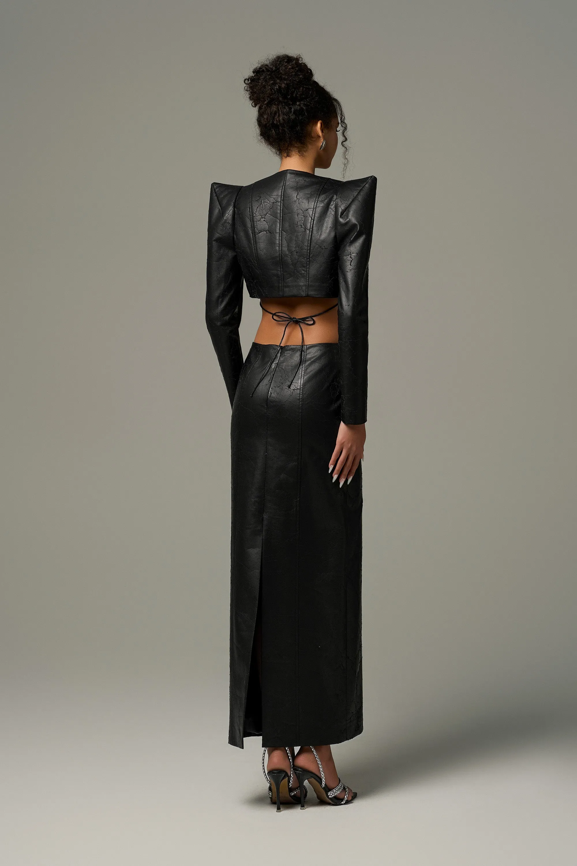 Obsidiana Cracked Leather Super Pointy Cropped Jacket and Maxi Skirt Set sold by Kalisa product image thumbnail 3