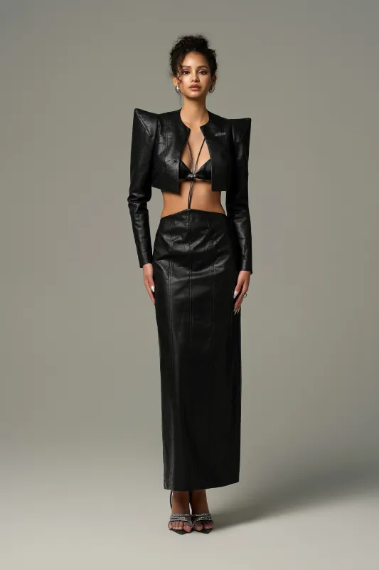 Obsidiana Cracked Leather Super Pointy Cropped Jacket and Maxi Skirt Set sold by Kalisa