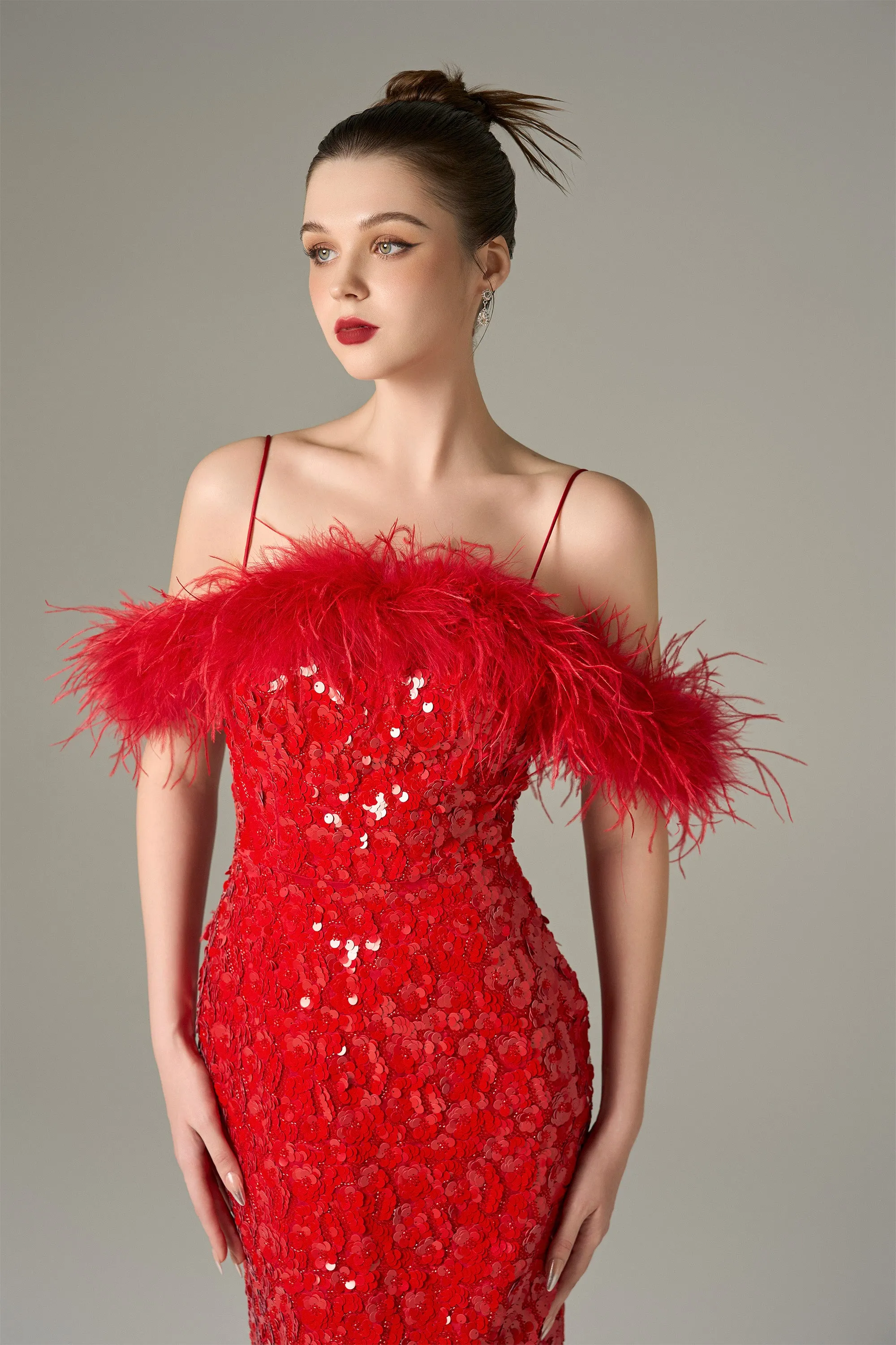 Glitzy Sequin Feathered Cold Shoulder Maxi Dress sold by Kalisa product image thumbnail 3