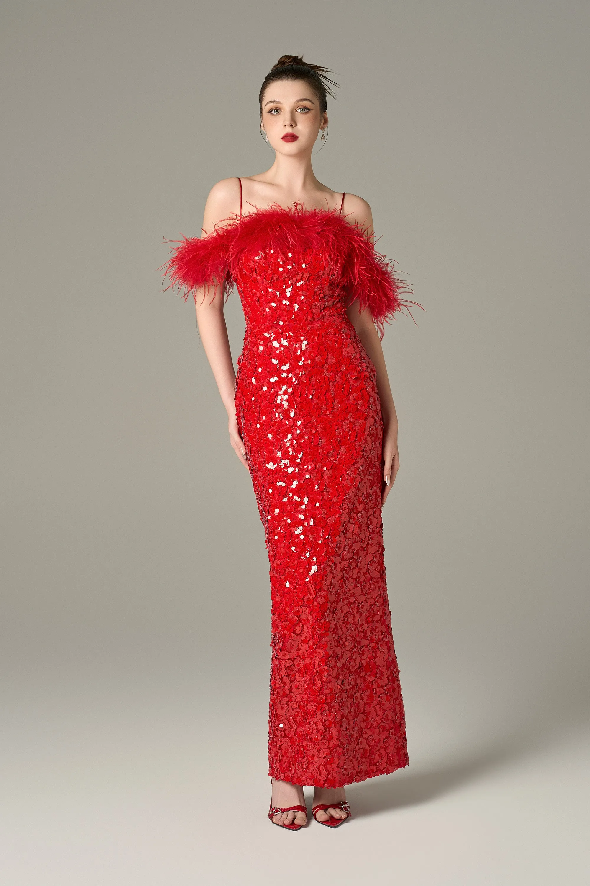 Glitzy Sequin Feathered Cold Shoulder Maxi Dress sold by Kalisa