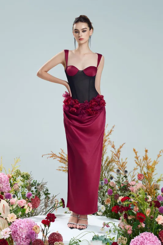 Rouge Mesh & Floral Appliqué Silk Corset Maxi Dress sold by Kalisa
