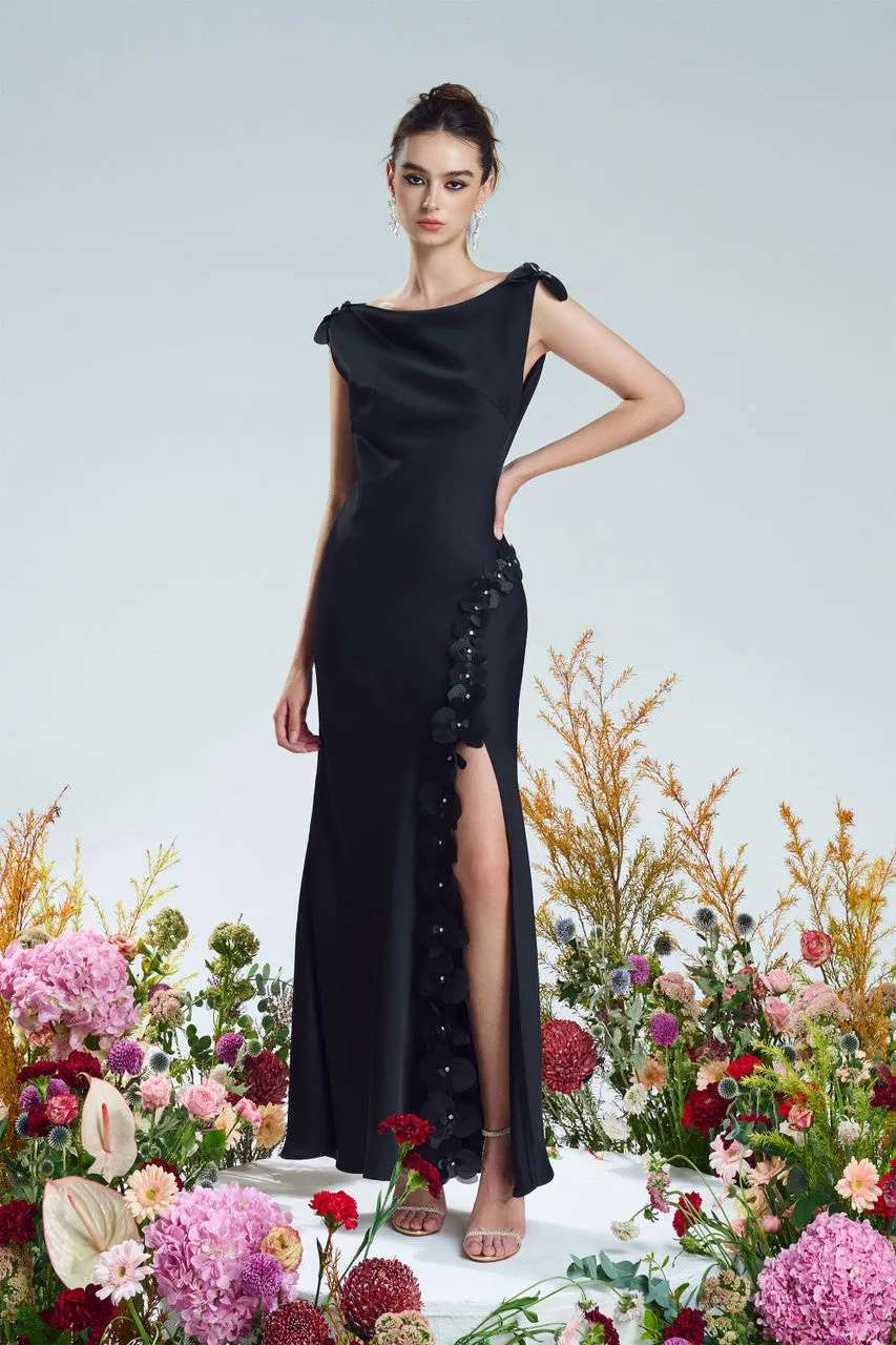 Orchid Appliqué Silk Side Slit Gown sold by Kalisa