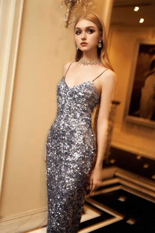 Glitterati Sequin Spaghetti Strap Gown sold by Kalisa