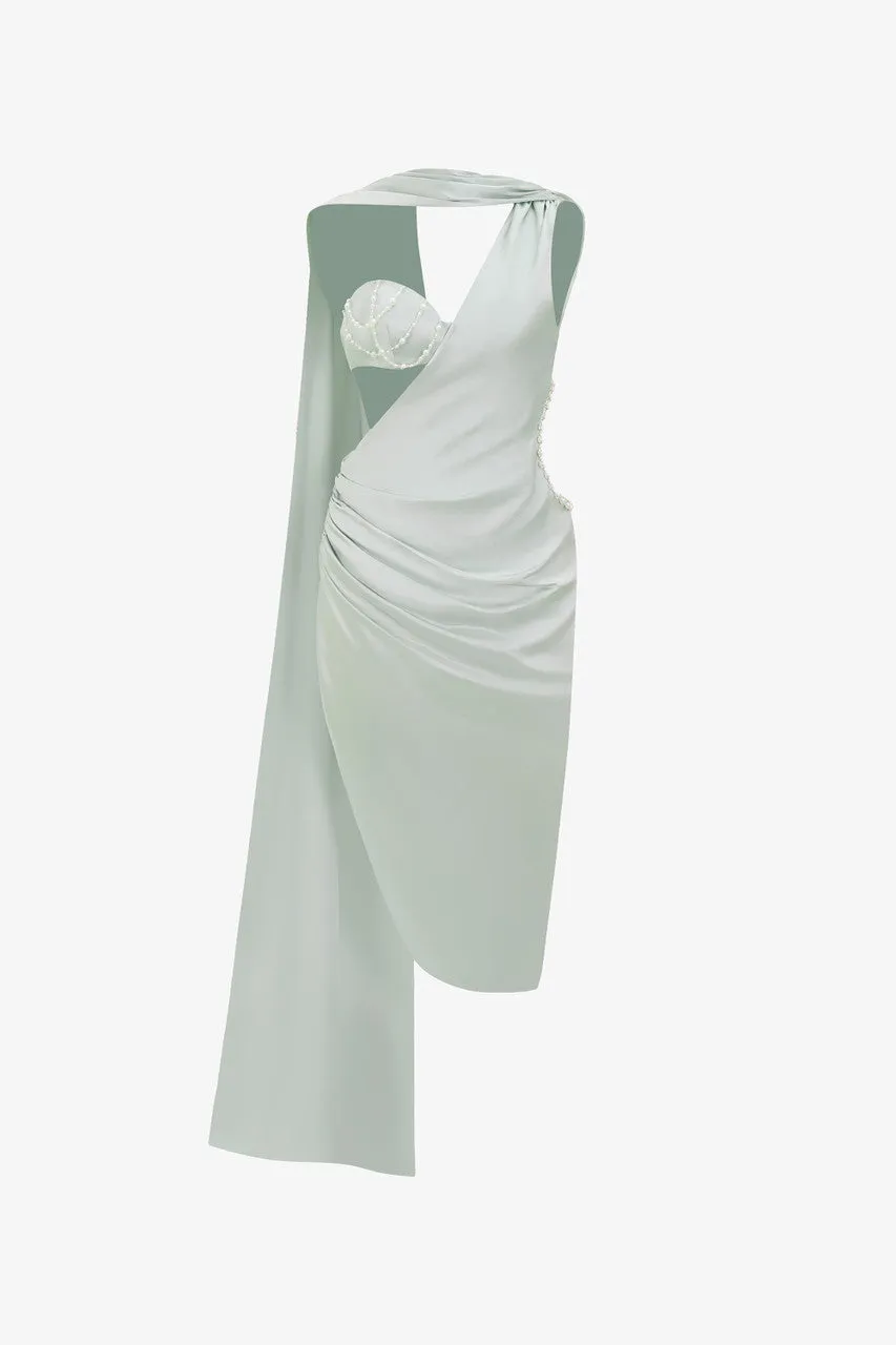 Cutaway Pearl Waist Accent Cut-Out Silk Midi Dress sold by Kalisa product image thumbnail 2