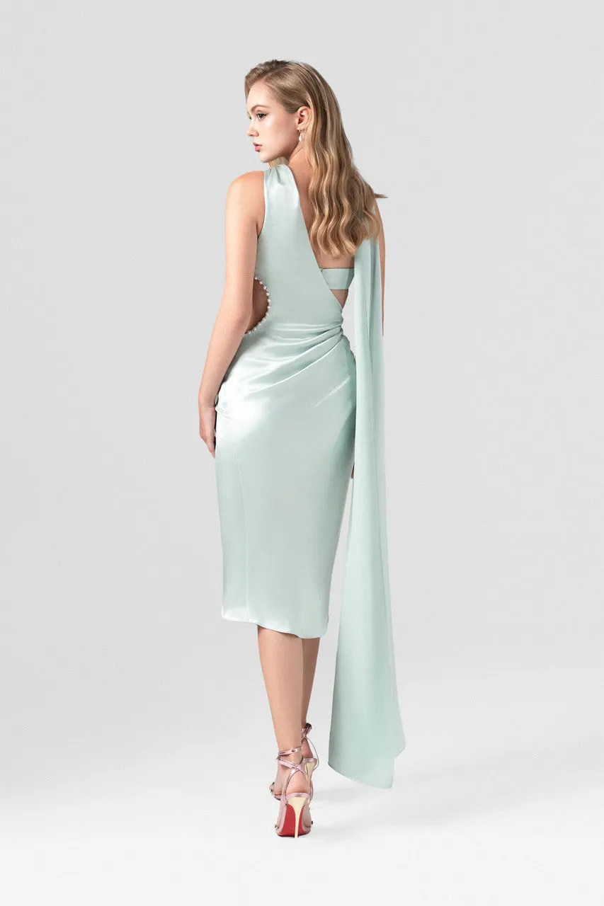 Cutaway Pearl Waist Accent Cut-Out Silk Midi Dress sold by Kalisa product image thumbnail 3