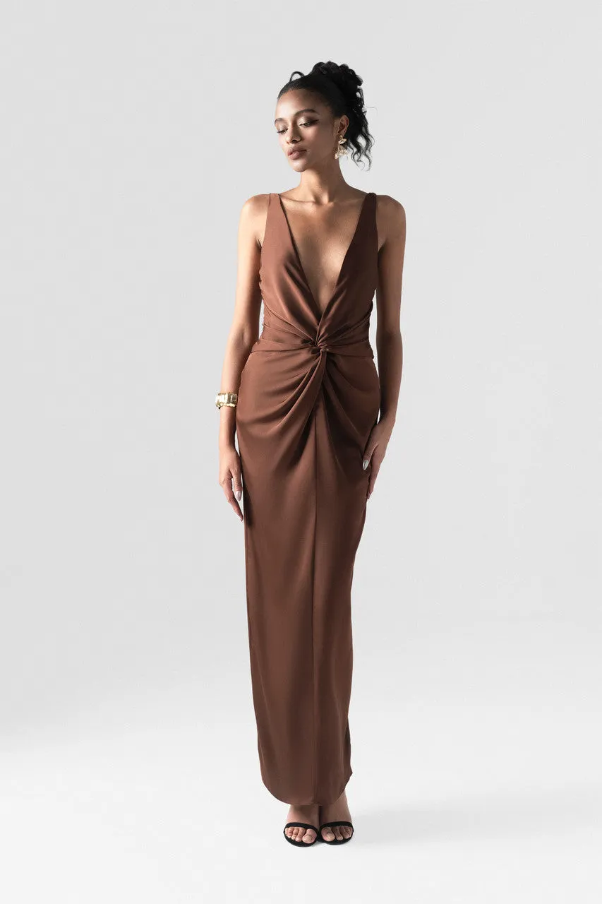 Untamed Mocha Twist Front Gown with Deep V-Neck sold by Kalisa