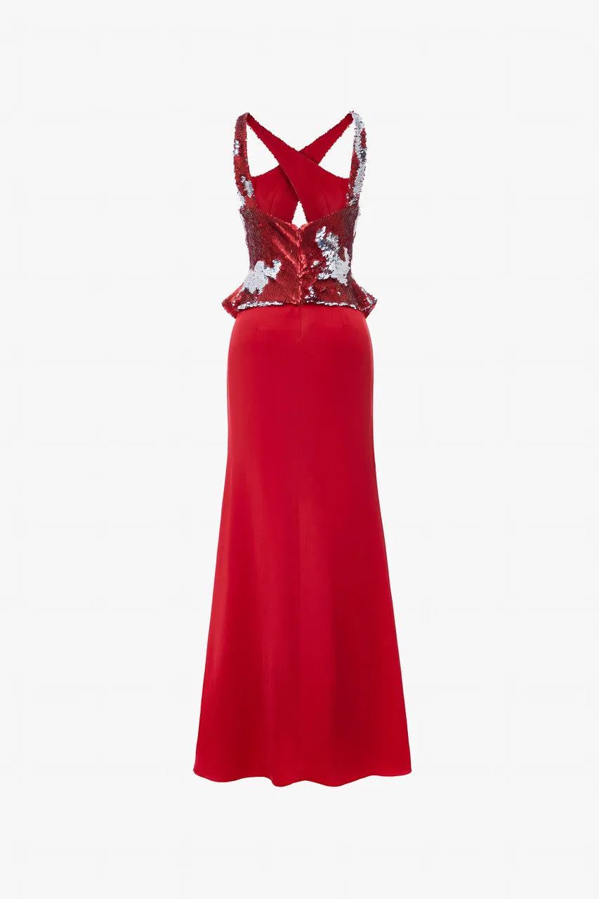 Reversible Red & Silver Halter Neck Sequin Silk Gown sold by Kalisa product image thumbnail 4
