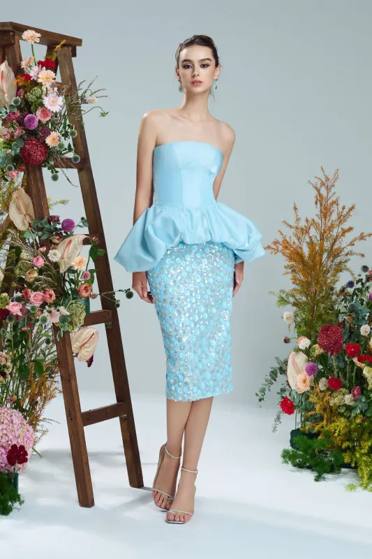Azure Strapless Peplum Sequin Midi Dress sold by Kalisa