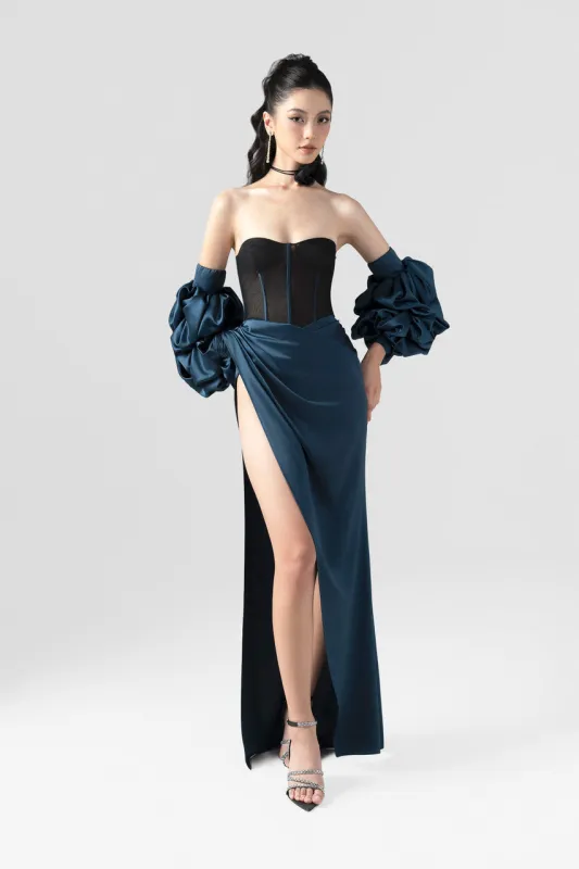 Regalia Black Mesh Corset High Slit Maxi Dress sold by Kalisa