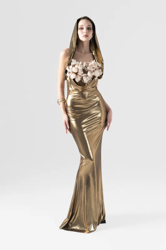 Ruthless Hooded Metallic Floral Appliqué Gown sold by Kalisa