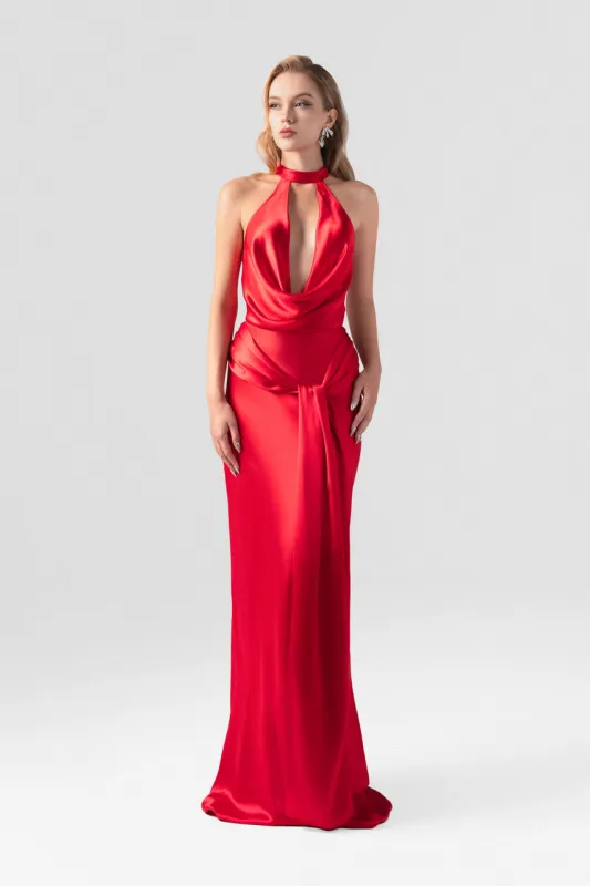 Diablo Scarlet Plunging Neckline Silk Gown sold by Kalisa