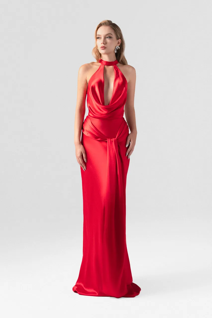 Diablo Scarlet Plunging Neckline Silk Gown sold by Kalisa