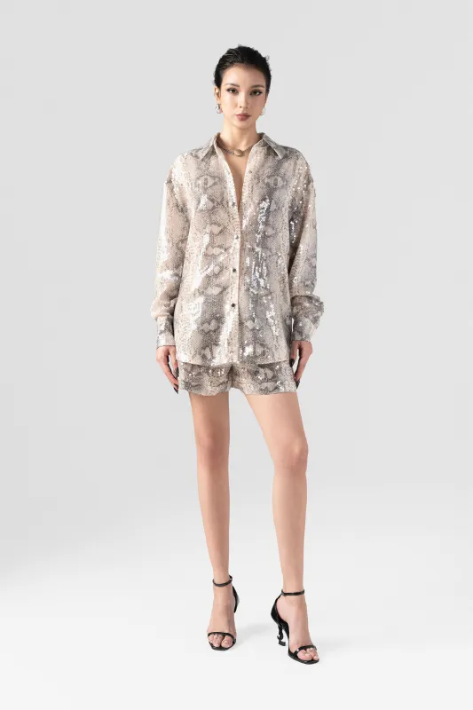 Dominatrix Sequin Shirt and Snakeskin Short Pants Set made by Kalisa