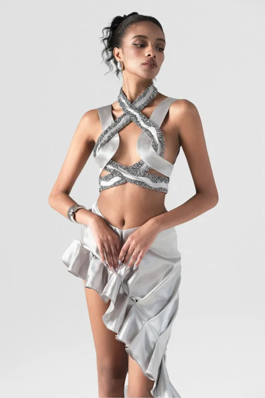 Rocker Cross Strap Crop Top & High-Low Skirt Set sold by Kalisa