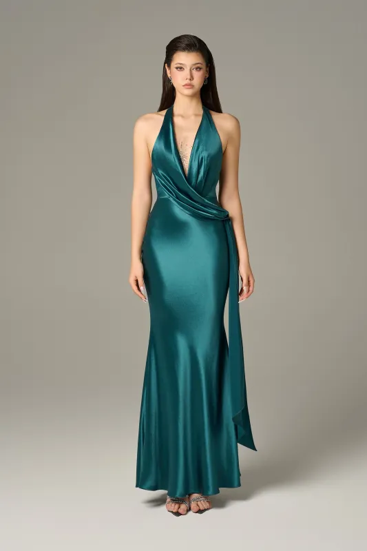 Dark Mallard Drape Detail Wrap Silk Maxi Dress sold by Kalisa