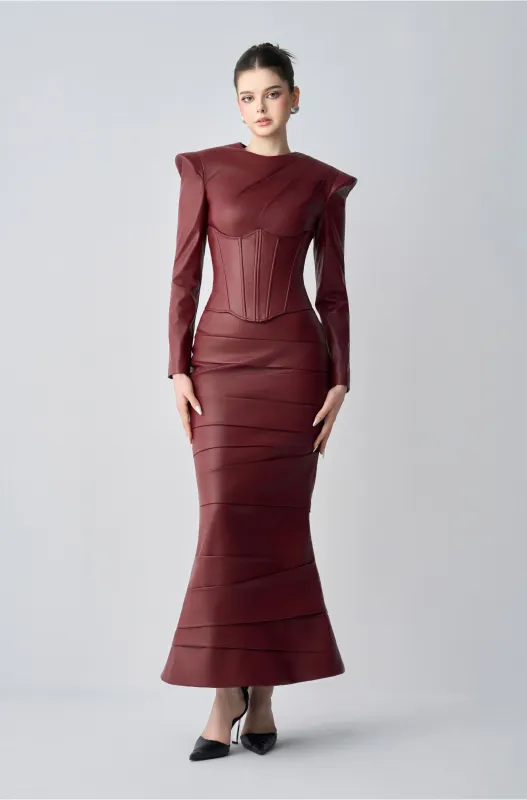 Noiré Long Sleeves, Corset And Maxi Dress Set In Leather sold by Kalisa
