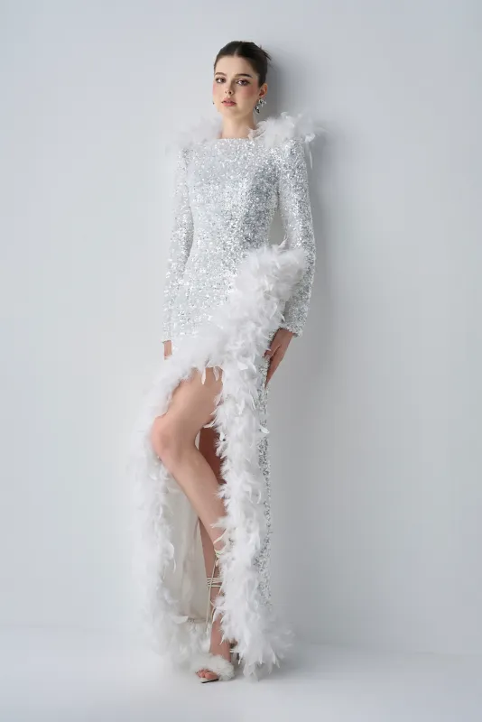 Lorelei Glamorous Evening Long Sleeves With Feather Thigh Split Maxi Dress sold by Kalisa