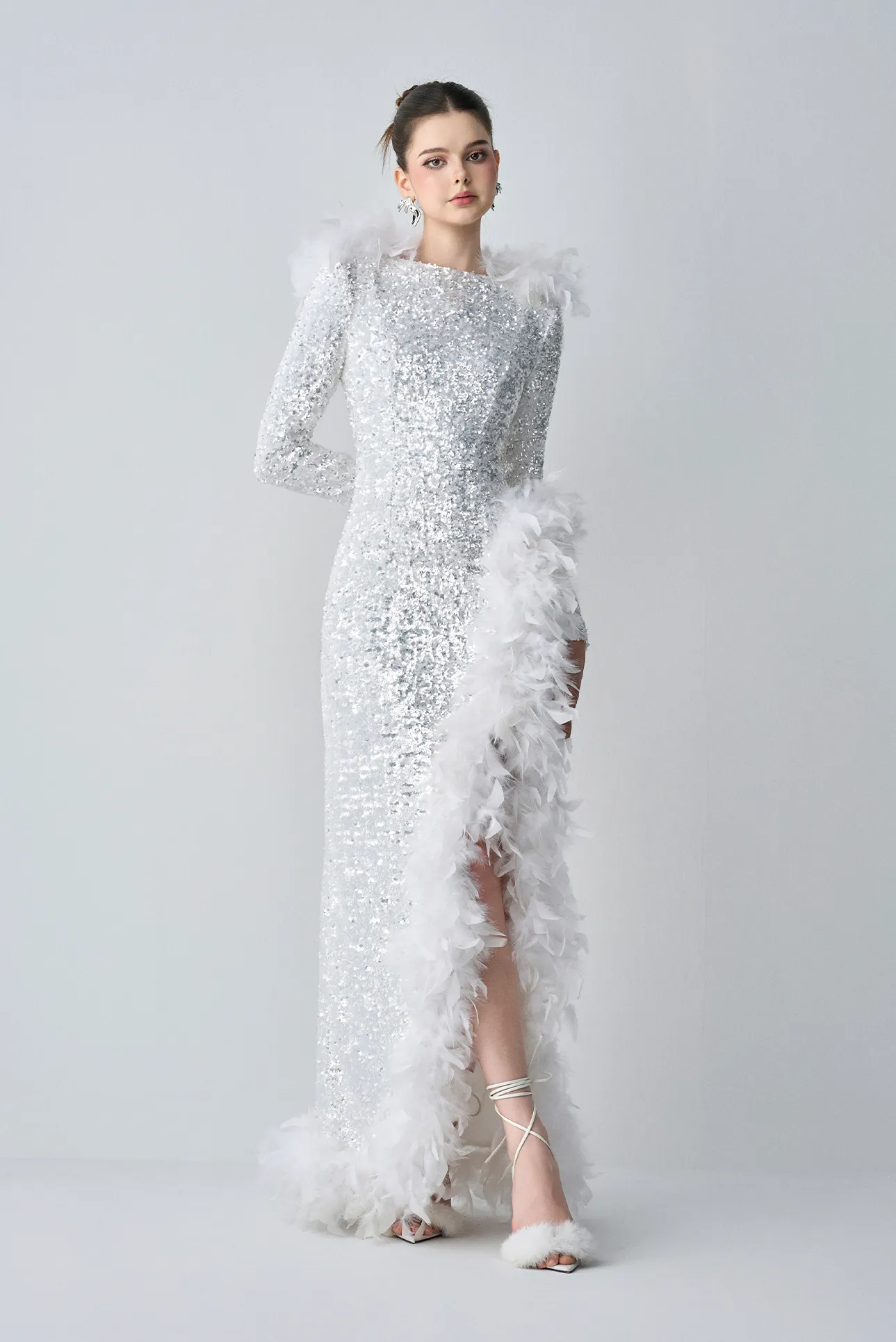 Lorelei Glamorous Evening Long Sleeves With Feather Thigh Split Maxi Dress sold by Kalisa product image thumbnail 5