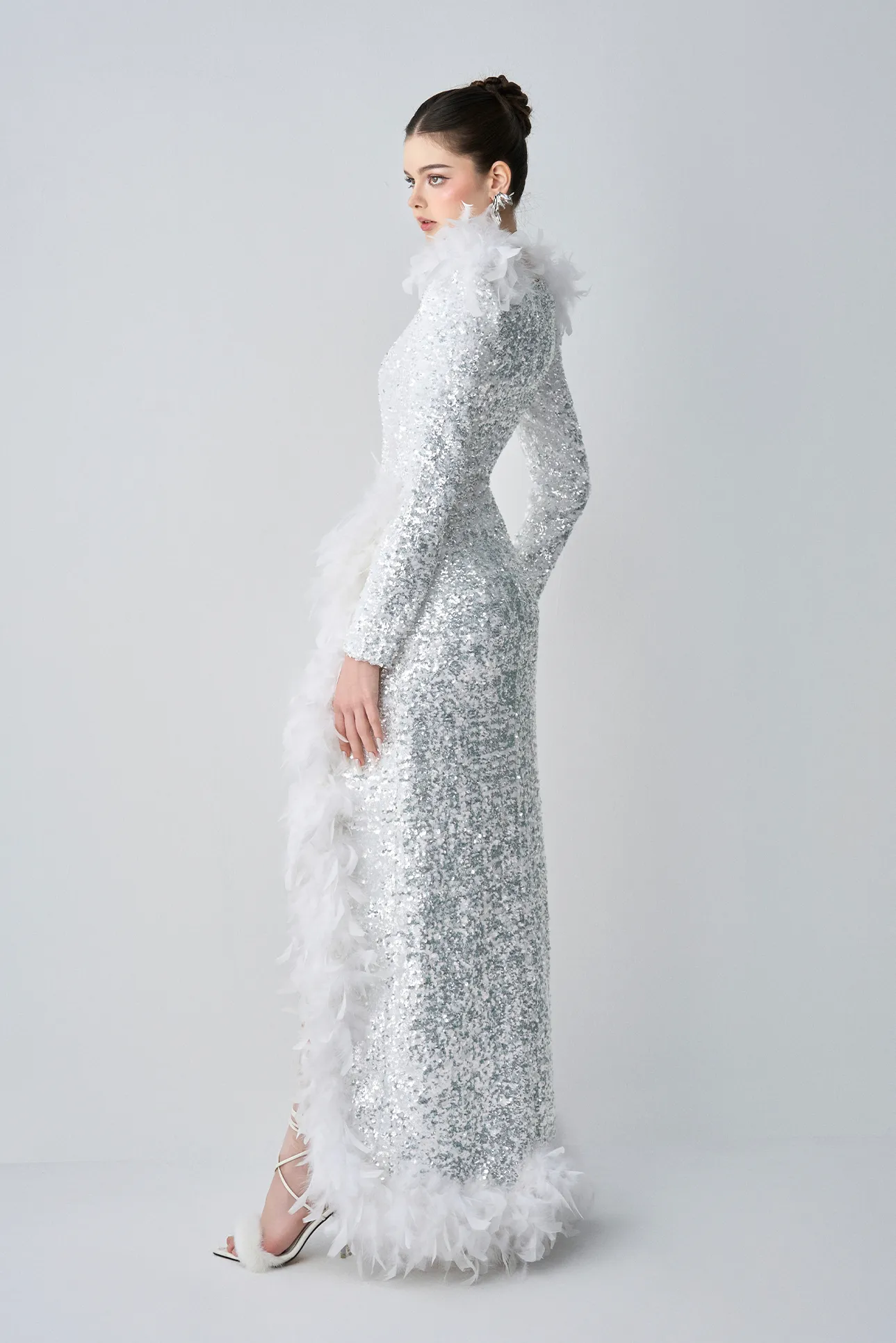Lorelei Glamorous Evening Long Sleeves With Feather Thigh Split Maxi Dress sold by Kalisa product image thumbnail 3