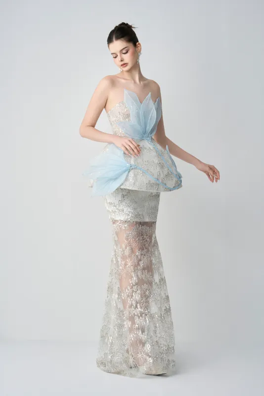 Snow-whisper Bandeau Corset Maxi Dress With 3D Petal Layers sold by Kalisa