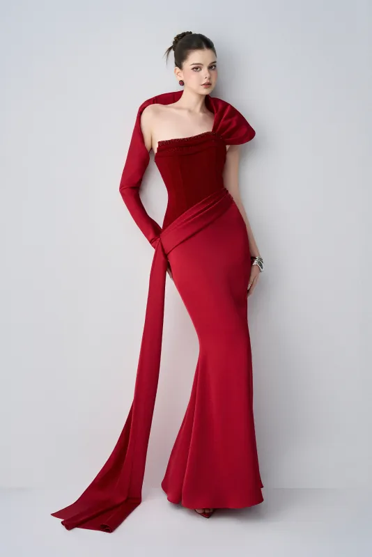 Julia Strapless Corset Maxi Dress With One Sleeve Draped Scarf sold by Kalisa