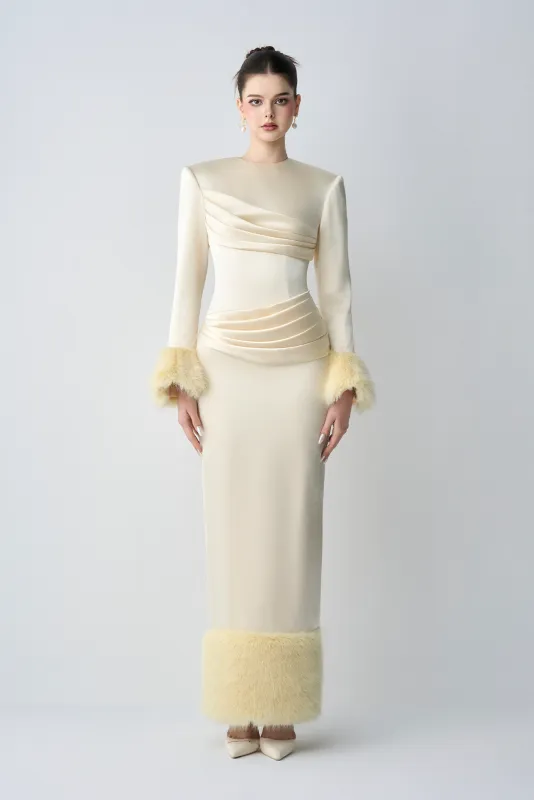 Valentina Round Neckline Long Sleeves Bodycon Maxi Dress With Feathers sold by Kalisa