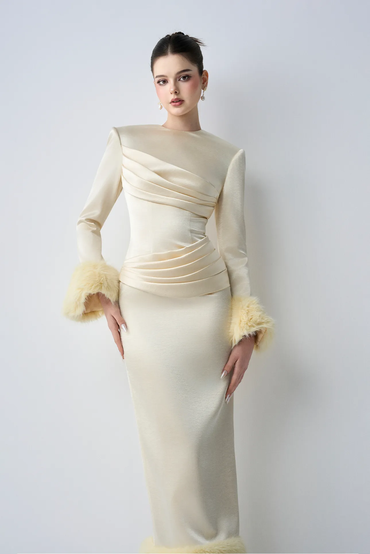 Valentina Round Neckline Long Sleeves Bodycon Maxi Dress With Feathers sold by Kalisa product image thumbnail 3