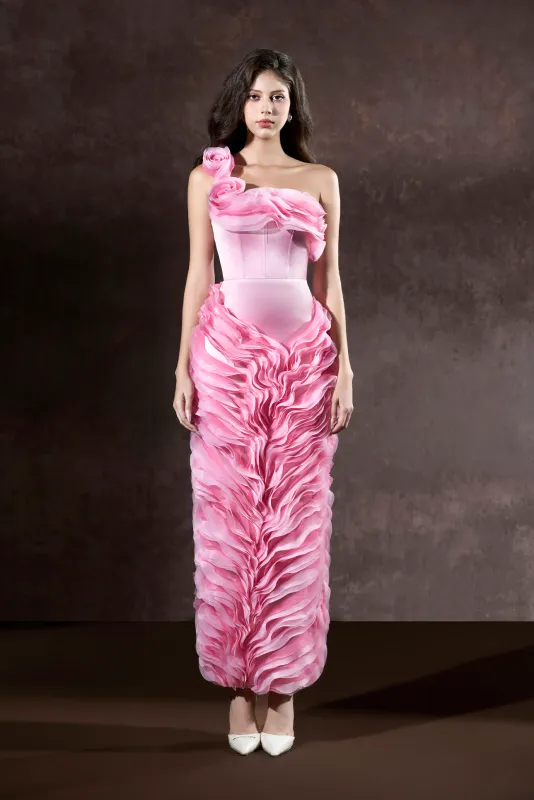 Meera Couture Corset Pencil Dress With Ruffle Waves Accent sold by Kalisa