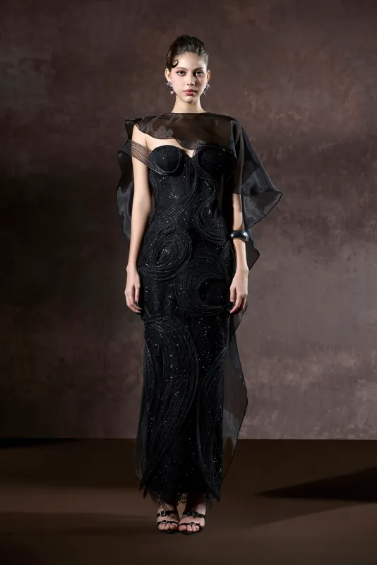 Asha Couture Dual Style Bandeau Layered 3D Lines Maxi Dress With Veil sold by Kalisa