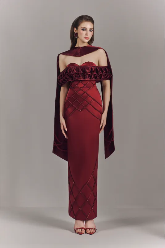 Aurelia Off Shoulder Hand-Smocked Maxi Dress With Neck Scarf made by Kalisa