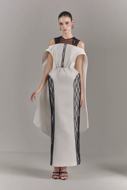 Valerise Embellished Mesh Maxi Dress With Cape made by Kalisa