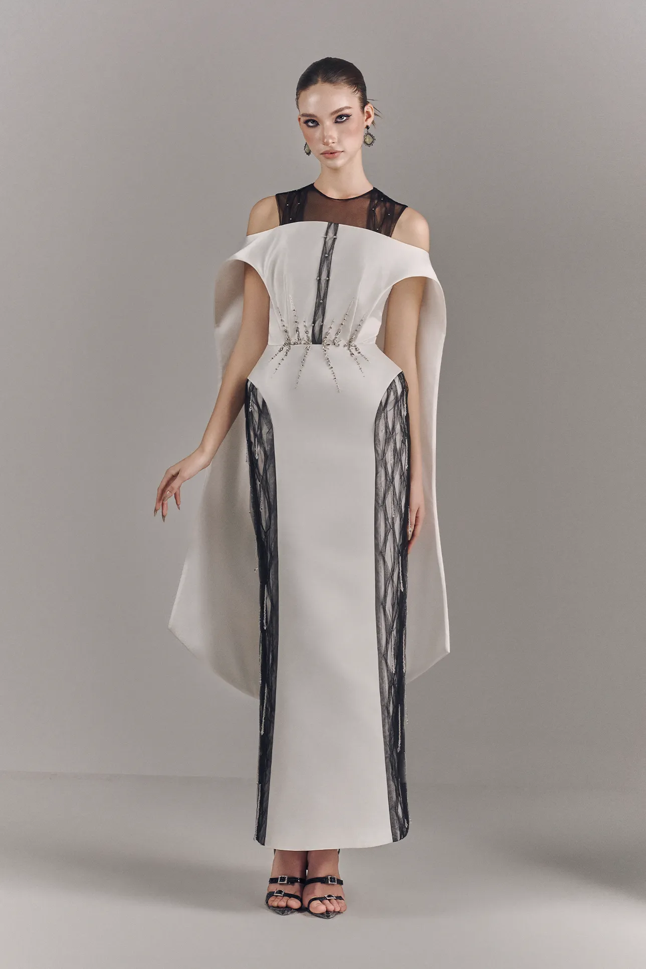 Valerise Embellished Mesh Maxi Dress With Cape sold by Kalisa