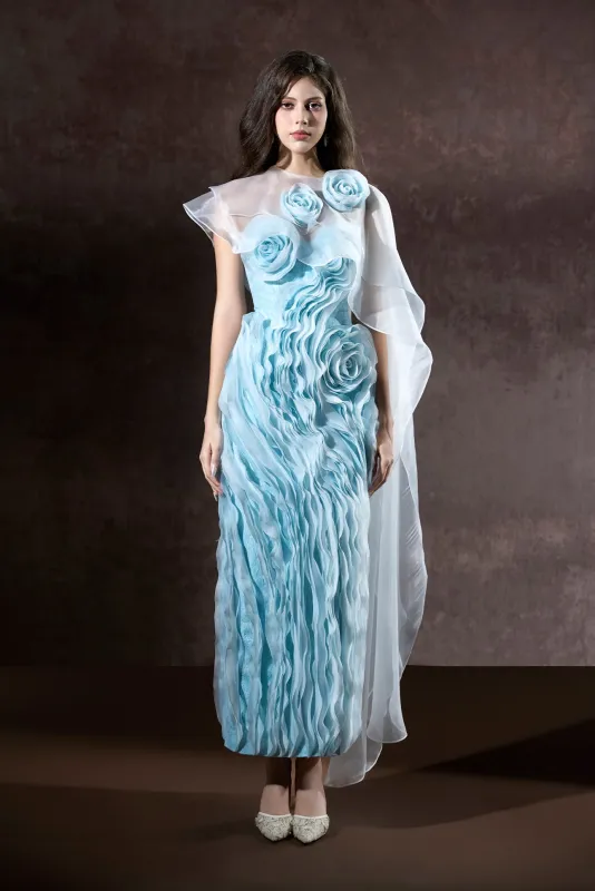 Ember Couture Dual Style Bandeau Layered 3D Roses Maxi Dress With Veil made by Kalisa