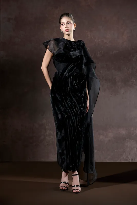 Ember Couture Dual Style Bandeau Layered 3D Roses Maxi Dress With Veil made by Kalisa