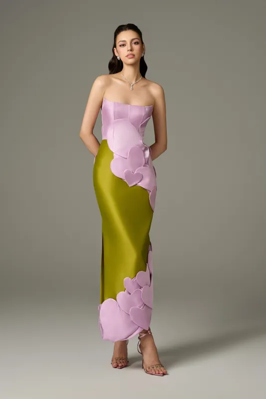 Darling Color Mix Taffeta Asymmetric Heart Detail Maxi Dress made by Kalisa