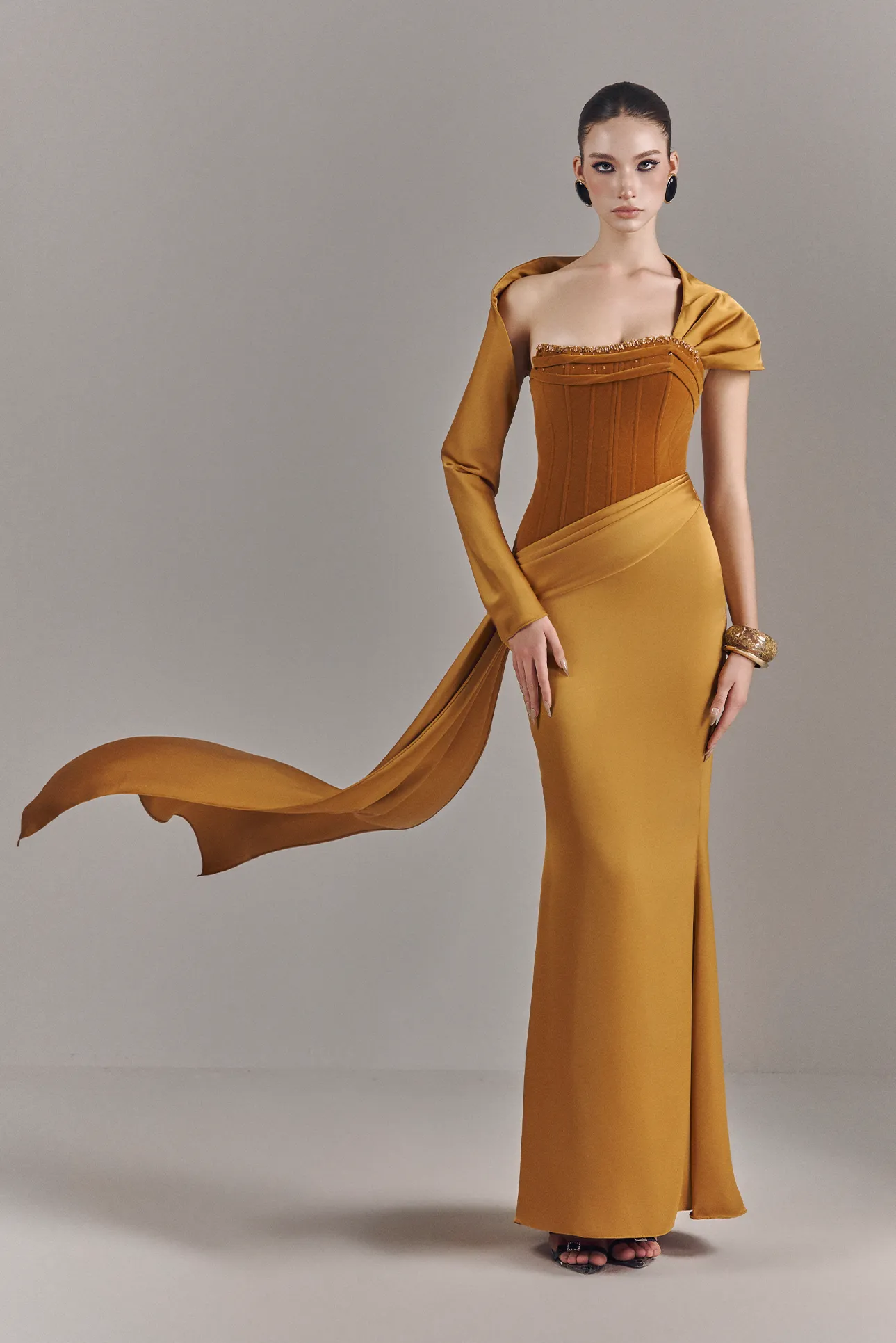 Julia Strapless Corset Maxi Dress With One Sleeve Draped Scarf sold by Kalisa