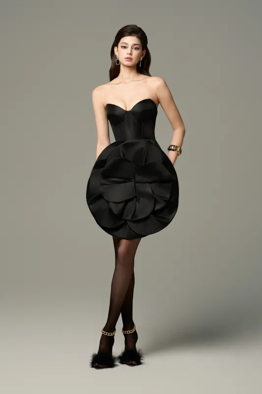 Selene Cat Eye Neckline Mini Dress With Front Dramatic Floral Applique made by Kalisa