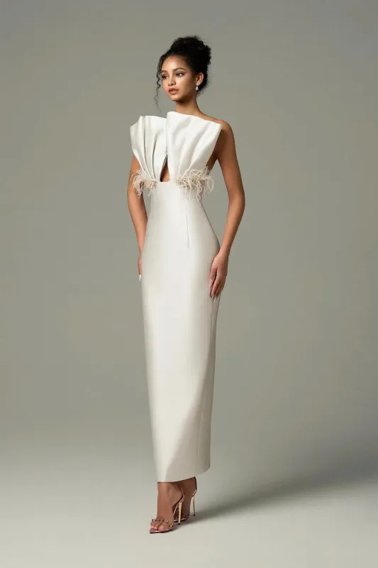 Seeshell Plume Feather & Crystal Embellished Maxi Dress With Draped Bust Cup made by Kalisa